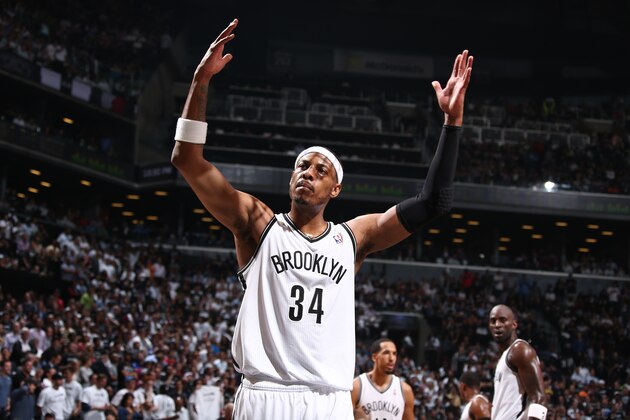 BROOKLYN, NY - MAY 12: Paul Pierce #34 of the Brooklyn Nets celebrates in Game Four of the Eastern Conference Semifinals against the Miami Heat during the 2014 NBA Playoffs on May 12, 2014 at Barclays Center in Brooklyn. NOTE TO USER: User expressly acknowledges and agrees that, by downloading and or using this photograph, User is consenting to the terms and conditions of the Getty Images License Agreement. Mandatory Copyright Notice: Copyright 2014 NBAE (Photo by Nathaniel S. Butler/NBAE via Getty Images)