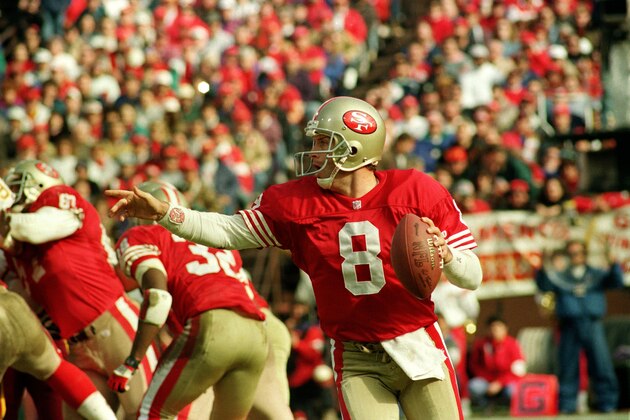 San Francisco 49ers' quarterback Steve Young (8) looks for receiver during NFC playoff game against the Washington Redskins, Jan. 10, 1993, in San Francisco.  (AP Photo)