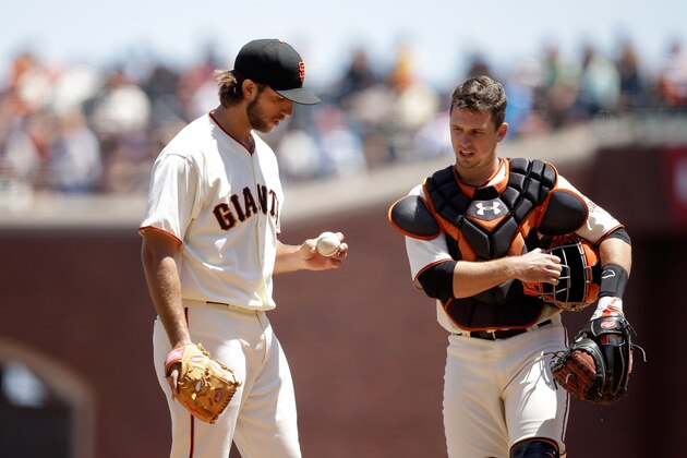 SAN FRANCISCO, CA - JULY 03:  Buster Posey #28 of the San Francisco Giants talks to pitcher Madison Bumgarner #40 after the St. Louis Cardinals scored three runs in the fourth inning at AT&T Park on July 3, 2014 in San Francisco, California.  (Photo by Ezra Shaw/Getty Images)