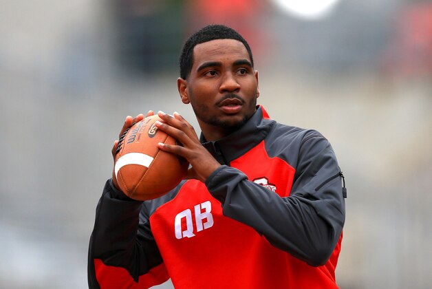 Sep 21, 2013; Columbus, OH, USA; Ohio State Buckeyes quarterback Braxton Miller (5) warms up prior to the game against the Florida A&M Rattlers at Ohio Stadium. Mandatory Credit: Andrew Weber-USA TODAY Sports
