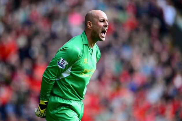 LIVERPOOL, ENGLAND - MAY 05:  Pepe Reina of Liverpool shouts to his team-mates during the Barclays Premier League match between Liverpool and Everton at Anfield on May 5, 2013 in Liverpool, England.  (Photo by Laurence Griffiths/Getty Images)
