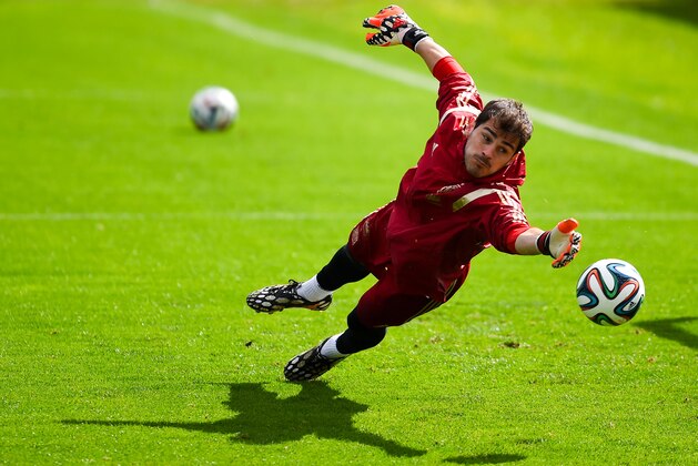 CURITIBA, BRAZIL - JUNE 21:  Iker Casillas of Spain in action during a Spain training session at Centro de Entrenamiento do Caju on June 21, 2014 in Curitiba, Brazil.  (Photo by David Ramos/Getty Images)