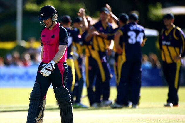LONDON, ENGLAND - JULY 03: Eoin Morgan of Middlesex walks off dejected after being caught out during the Natwest T20 Blast match between Middlesex Panthers and Glamorgan at Richmond Cricket Club, Old Deer Park, on July 03, 2014 in London, England. (Photo by Charlie Crowhurst/Getty Images)