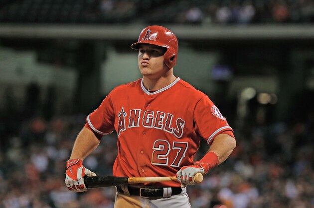 HOUSTON, TX - JUNE 05:  Mike Trout #27 of the Los Angeles Angels of Anaheim reacts to striking out in the seventh inning of their game against the Houston Astros at Minute Maid Park on June 5, 2014 in Houston, Texas.  (Photo by Scott Halleran/Getty Images)