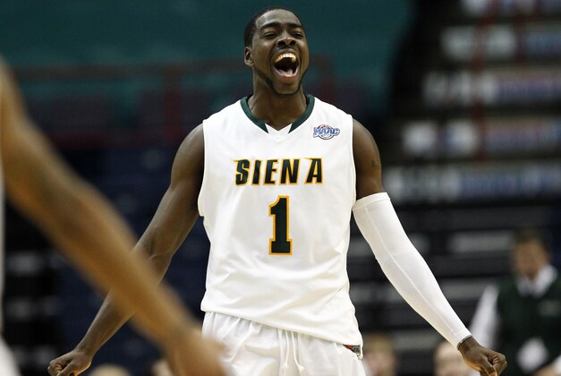Jan 4, 2013; Albany, NY, USA; Siena Saints forward O.D. Anosike (1) celebrates against the Iona Gaels during the second half at Times Union Center.  Mandatory Credit: Mark L. Baer-USA TODAY Sports