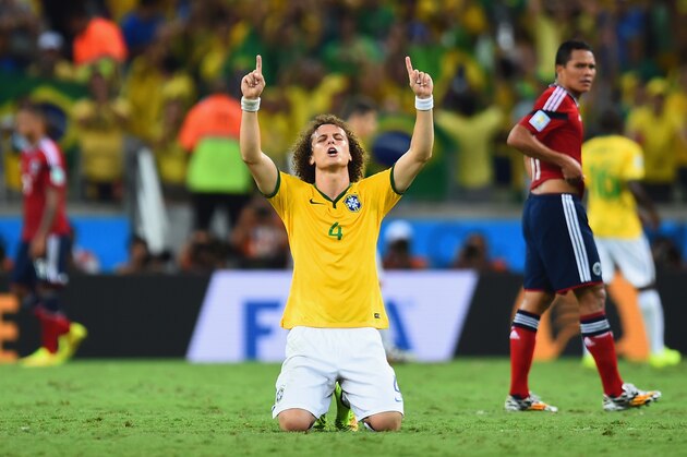 FORTALEZA, BRAZIL - JULY 04: David Luiz of Brazil celebrates after defeating Colombia 2-1 during the 2014 FIFA World Cup Brazil Quarter Final match between Brazil and Colombia at Castelao on July 4, 2014 in Fortaleza, Brazil.  (Photo by Jamie McDonald/Getty Images)