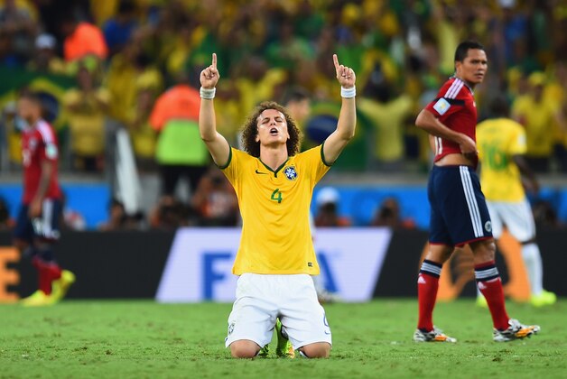FORTALEZA, BRAZIL - JULY 04: David Luiz of Brazil celebrates after defeating Colombia 2-1 during the 2014 FIFA World Cup Brazil Quarter Final match between Brazil and Colombia at Castelao on July 4, 2014 in Fortaleza, Brazil.  (Photo by Jamie McDonald/Getty Images)