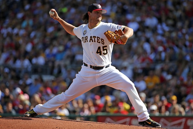 Pittsburgh Pirates starting pitcher Gerrit Cole (45) delivers during the first inning of a baseball game against the Philadelphia Phillies in Pittsburgh Friday, July 4, 2014. (AP Photo/Gene J. Puskar)