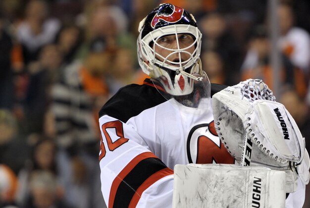Mar 11, 2014; Philadelphia, PA, USA; New Jersey Devils goalie Martin Brodeur (30) during game against the Philadelphia Flyers at Wells Fargo Center. The Devils defeated the Flyers, 2-1. Mandatory Credit: Eric Hartline-USA TODAY Sports