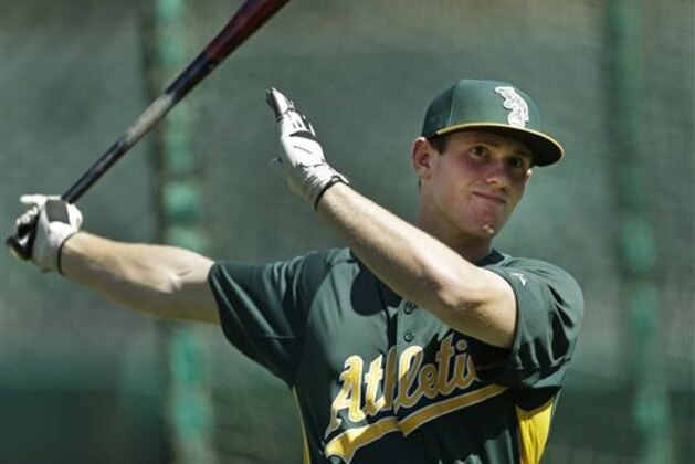 Oakland Athletics’ first-round draft pick Billy McKinney takes practice swings during batting practice prior to the baseball game with the Seattle Mariners Friday, June 14, 2013, in Oakland, Calif.  McKinney, an outfielder from Plano West High School in Plano, Texas, was the 24th selection in the first round of the 2013 First Year Player Draft June 6. McKinney batted .372 with four home runs and 17 RBI as a senior for Plano West.  He added 36 walks and was hit by a pitch eight times for a .585 on-base percentage.  The left-handed hitter struck out just six times and stole seven bases in eight attempts.  (AP Photo/Ben Margot)