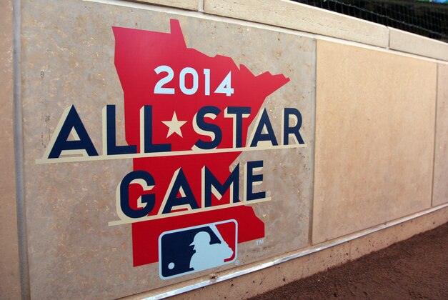 Jul 31, 2013; Minneapolis, MN, USA;  2014 MLB All Star Game logo on the wall behind home plate prior to the game between the Minnesota Twins and Kansas City Royals at Target Field. Mandatory Credit: Brace Hemmelgarn-USA TODAY Sports