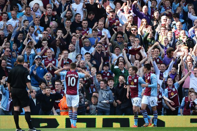 BIRMINGHAM, ENGLAND - MAY 03: Andreas  Weimann of Aston Villa celebrates his goal with Aston Villa fans during the Barclays Premier League match between Aston Villa and Hull City at Villa Park on May 3, 2014 in Birmingham, England.  (Photo by Ross Kinnaird/Getty Images)