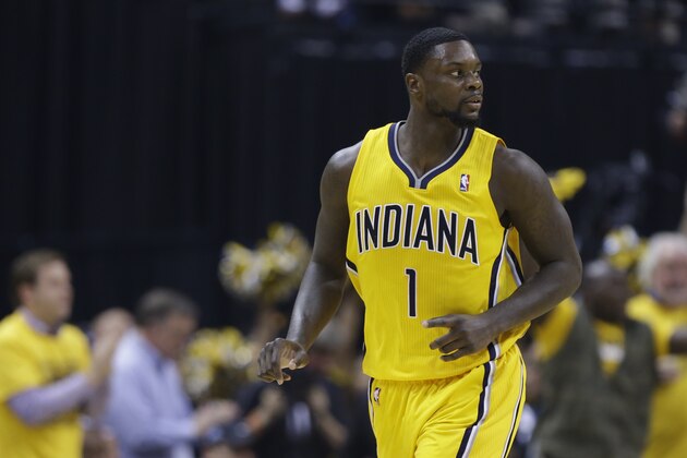 Indiana Pacers' Lance Stephenson (1) in action during the first half of Game 2 of the NBA basketball Eastern Conference finals against the Miami Heat in Indianapolis, Tuesday, May 20, 2014. (AP Photo/Michael Conroy)