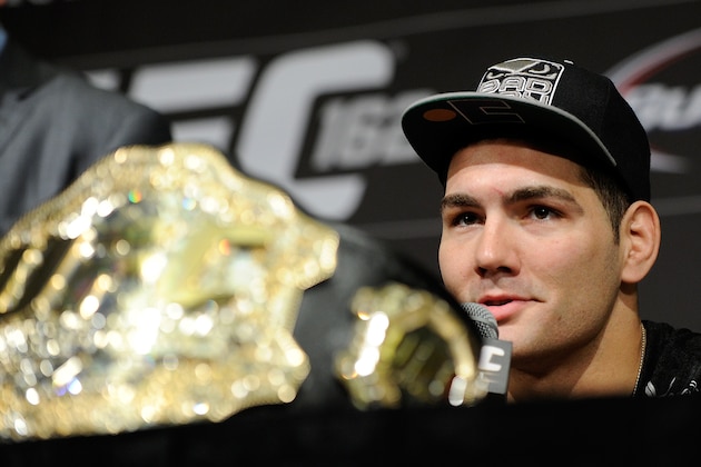Chris Weidman speaks during the post fight news conference after his victory over Anderson Silva at a UFC 162 mixed martial arts middleweight championship bout Saturday, July 6, 2013, in Las Vegas. Weidman won with a second round TKO. (AP Photo/David Becker)