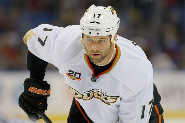 Nov 2, 2013; Buffalo, NY, USA; Anaheim Ducks left wing Dustin Penner (17) against the Buffalo Sabres at First Niagara Center. Anaheim beats Buffalo 6 to 3.  Mandatory Credit: Timothy T. Ludwig-USA TODAY Sports