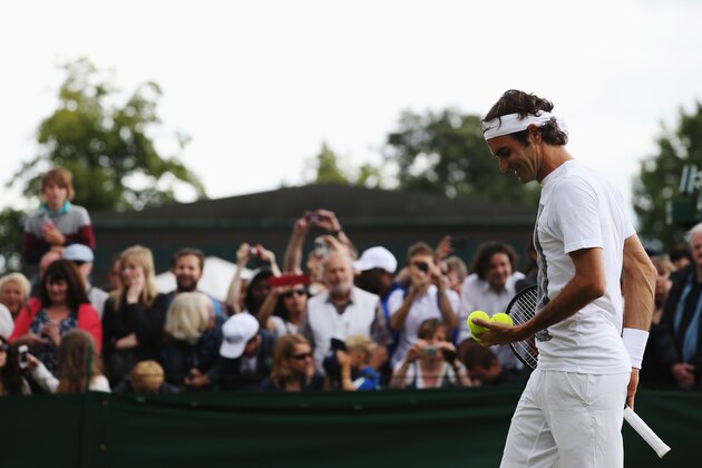 LONDON, ENGLAND - JULY 05:  Roger Federer of Switzerland during a practice session on day twelve of the Wimbledon Lawn Tennis Championships at the All England Lawn Tennis and Croquet Club on July 5, 2014 in London, England.  (Photo by Jan Kruger/Getty Images)