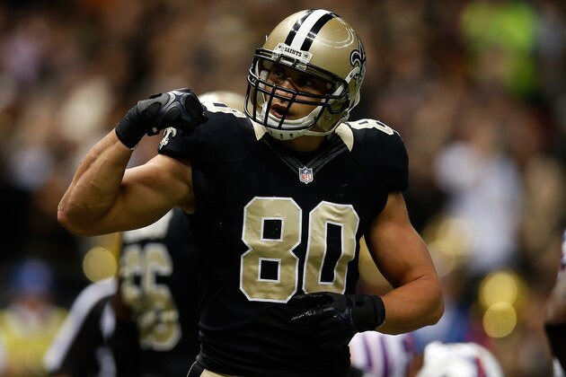 NEW ORLEANS, LA - OCTOBER 27:  Jimmy Graham #80 of the New Orleans Saints reacts after scoring a touchdown against the Buffalo Bills at Mercedes-Benz Superdome on October 27, 2013 in New Orleans, Louisiana.  (Photo by Chris Graythen/Getty Images)