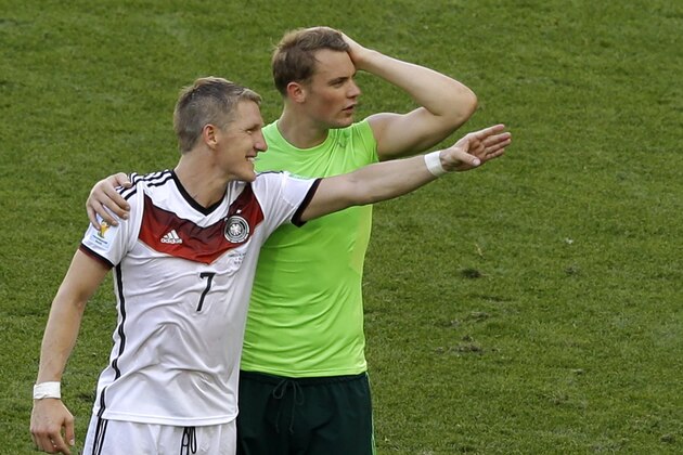 Germany's Bastian Schweinsteiger, left, and goalkeeper Manuel Neuer celebrate after the World Cup quarterfinal soccer match between Germany and France at the Maracana Stadium in Rio de Janeiro, Brazil, Friday, July 4, 2014. Germany beat France 1-0 and advanced to the semifinal. (AP Photo/Thanassis Stavrakis) Germany's Bastian Schweinsteiger, left, and goalkeeper Manuel Neuer celebrate after the World Cup quarterfinal soccer match between Germany and France at the Maracana Stadium in Rio de Janeiro, Brazil, Friday, July 4, 2014. Germany beat France 1-0 and advanced to the semifinal. (AP Photo/Thanassis Stavrakis)