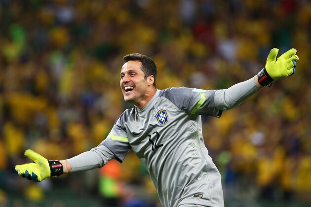FORTALEZA, BRAZIL - JULY 04:  Goalkeeper Julio Cesar of Brazil celebrates during the 2014 FIFA World Cup Brazil Quarter Final match between Brazil and Colombia at Castelao on July 4, 2014 in Fortaleza, Brazil.  (Photo by Robert Cianflone/Getty Images)