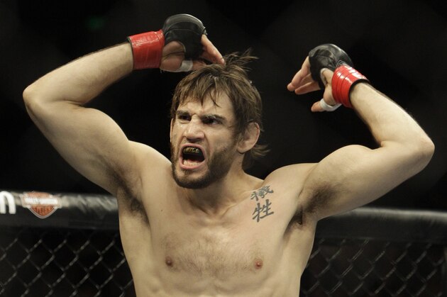 Jon Fitch reacts during a UFC mixed martial arts match against Thiago Alves in Oakland, California, Saturday, August 7, 2010. Fitch won by unanimous decision. (AP Photo/Jeff Chiu)