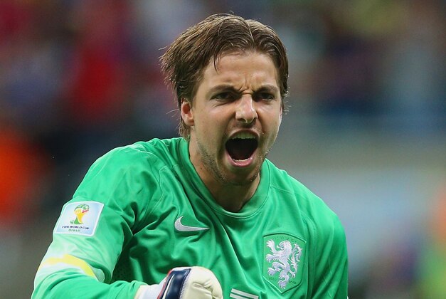 SALVADOR, BRAZIL - JULY 05:  Goalkeeper Tim Krul of the Netherlands celebrates after making a save on a penalty kick by Bryan Ruiz of Costa Rica (not pictured)  during a shootout in the 2014 FIFA World Cup Brazil Quarter Final match between the Netherlands and Costa Rica at Arena Fonte Nova on July 5, 2014 in Salvador, Brazil.  (Photo by Dean Mouhtaropoulos/Getty Images)