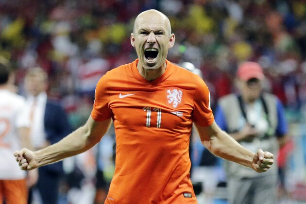 Netherlands' Arjen Robben celebrates after the Netherlands defeated Costa Rica 4-3 in a penalty shootout after a 0-0 tie during the World Cup quarterfinal soccer match at the Arena Fonte Nova in Salvador, Brazil, Saturday, July 5, 2014.(AP Photo/Wong Maye-E) Netherlands' Arjen Robben celebrates after the Netherlands defeated Costa Rica 4-3 in a penalty shootout after a 0-0 tie during the World Cup quarterfinal soccer match at the Arena Fonte Nova in Salvador, Brazil, Saturday, July 5, 2014.(AP Photo/Wong Maye-E)