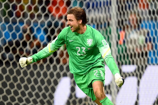 SALVADOR, BRAZIL - JULY 05:  Goalkeeper Tim Krul of the Netherlands celebrates after making a save on a penalty kick by Michael Umana  of Costa Rica (not pictured) to defeat Costa Rica in a shootout in the 2014 FIFA World Cup Brazil Quarter Final match between the Netherlands and Costa Rica at Arena Fonte Nova on July 5, 2014 in Salvador, Brazil.  (Photo by Jamie McDonald/Getty Images)