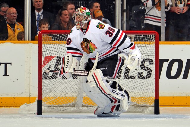 NASHVILLE, TN - NOVEMBER 16: Goalie Nikolai Khabibulin #39 of the Chicago Blackhawks warms up prior to a game against the Nashville Predators at Bridgestone Arena on November 16, 2013 in Nashville, Tennessee. (Photo by Frederick Breedon/Getty Images) NASHVILLE, TN - NOVEMBER 16: Goalie Nikolai Khabibulin #39 of the Chicago Blackhawks warms up prior to a game against the Nashville Predators at Bridgestone Arena on November 16, 2013 in Nashville, Tennessee. (Photo by Frederick Breedon/Getty Images)