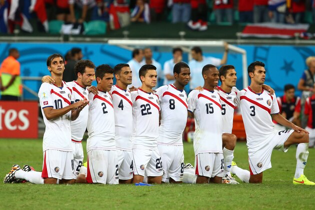 SALVADOR, BRAZIL - JULY 05: (L-R) Bryan Ruiz, Marco Urena, Johnny Acosta, Michael Umana, Jose Miguel Cubero, Dave Myrie, Junior Diaz, Celso Borges and Giancarlo Gonzalez of Costa Rica look on in a penalty shootout during the 2014 FIFA World Cup Brazil Quarter Final match between the Netherlands and Costa Rica at Arena Fonte Nova on July 5, 2014 in Salvador, Brazil.  (Photo by Robert Cianflone/Getty Images)
