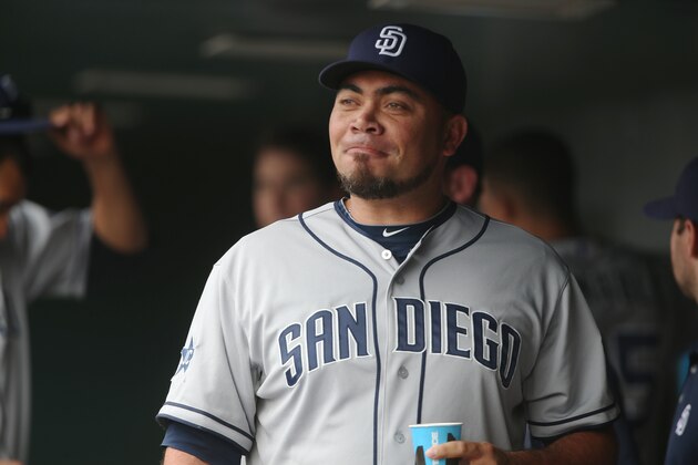 San Diego Padres relief pitcher Joaquin Benoit reacts after retiring the Colorado Rockies in the ninth inning of the Rockies' 8-6 victory in 10 innings of a baseball game in Denver on Sunday, May 18, 2014. (AP Photo/David Zalubowski)