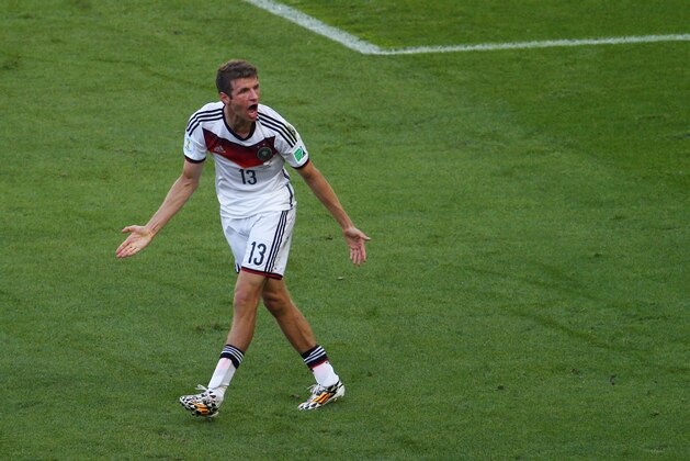 RIO DE JANEIRO, BRAZIL - JULY 04: Thomas Mueller of Germany reacts during the 2014 FIFA World Cup Brazil Quarter Final match between France and Germany at Maracana on July 4, 2014 in Rio de Janeiro, Brazil. (Photo by Clive Rose/Getty Images) RIO DE JANEIRO, BRAZIL - JULY 04: Thomas Mueller of Germany reacts during the 2014 FIFA World Cup Brazil Quarter Final match between France and Germany at Maracana on July 4, 2014 in Rio de Janeiro, Brazil. (Photo by Clive Rose/Getty Images)