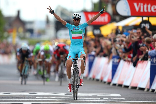 SHEFFIELD, ENGLAND - JULY 06:  Vincenzo Nibali of Italy and ProTeam Astana crosses the line to win the second stage of the 2014 Tour de France, a 201km stage between York and Sheffield, on July 6, 2014 in Sheffield, England.  (Photo by Bryn Lennon/Getty Images)