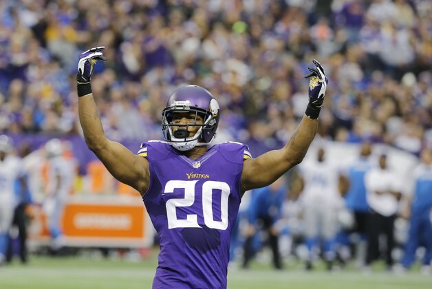 Minnesota Vikings cornerback Chris Cook celebrates during the second half of an NFL football game against the Detroit Lions, Sunday, Dec. 29, 2013, in Minneapolis. (AP Photo/Ann Heisenfelt)
