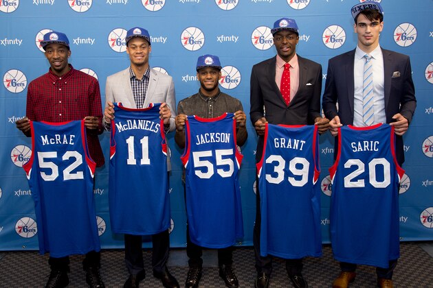 PHILADELPHIA, PA - JUNE 28:  K.J. McDaniels #11, Jordan McRae #52, Jerami Grant #39, Pierre Jackson #55 and Dario Saric #20 pose for photos after being drafted by the Philadelphia 76ers at the Wells Fargo Center on June 28, 2014 in the Philadelphia, Pennsylvania. NOTE TO USER: User expressly acknowledges and agrees that, by downloading and/or using this photograph, user is consenting to the terms and conditions of the Getty Images License Agreement. Mandatory Copyright Notice: Copyright 2014 NBAE (Photo by Jennifer Pottheiser/NBAE via Getty Images)
