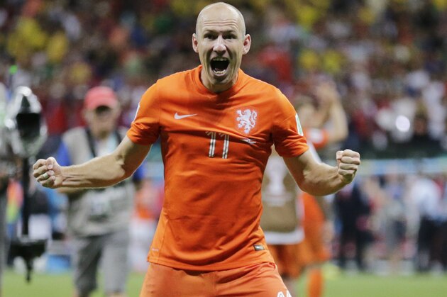 Netherlands' Arjen Robben celebrates after the Netherlands defeated Costa Rica 4-3 in a penalty shootout after a 0-0 tie during the World Cup quarterfinal soccer match at the Arena Fonte Nova in Salvador, Brazil, Saturday, July 5, 2014.(AP Photo/Wong Maye-E)