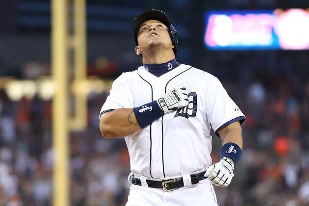 DETROIT, MI - JUNE 30:  Miguel Cabrera #24 of the Detroit Tigers celebrates after hitting a solo home run to left center field during the sixth inning of the game against the Oakland Athletics at Comerica Park on June 30, 2014 in Detroit, Michigan.  (Photo by Leon Halip/Getty Images)
