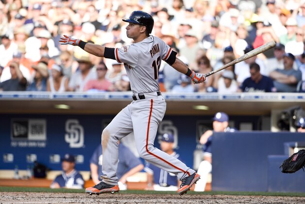 SAN DIEGO, CA - JULY 5: Joe Panik #12 of the San Francisco Giants hits a sacrifice fly during the seventh inning of a baseball game against the San Diego Padres at Petco Park July 5, 2014 in San Diego, California. (Photo by Denis Poroy/Getty Images)