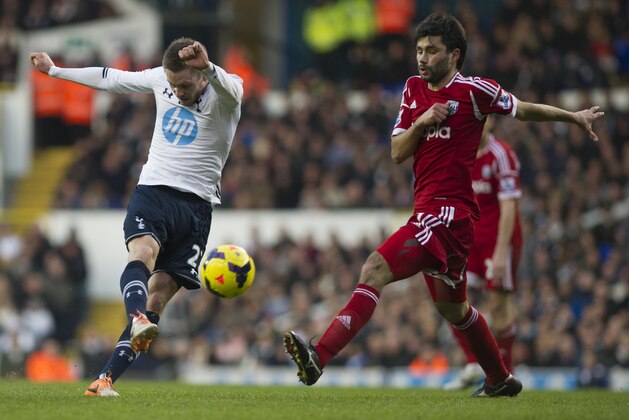 Tottenham Hotspur's Gylfi Sigurdsson, shoots past West Bromwich Albion's Claudio Yacob, during their English Premier League soccer match, at the White Hart Lane stadium in London, Thursday, Dec. 26, 2013. (AP Photo/Bogdan Maran) Tottenham Hotspur's Gylfi Sigurdsson, shoots past West Bromwich Albion's Claudio Yacob, during their English Premier League soccer match, at the White Hart Lane stadium in London, Thursday, Dec. 26, 2013. (AP Photo/Bogdan Maran)