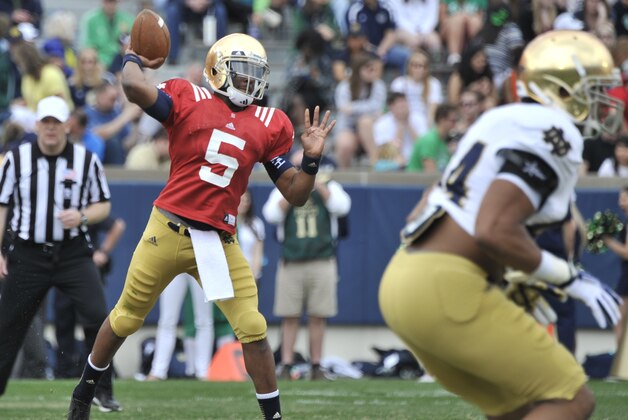 Notre Dame quarterback Everett Golson throws a pass during the Blue Gold game an NCAA football game marking the end of spring practice at Notre Dame Stadium Saturday April 12, 2014 in South Bend, Ind. (AP Photo/Joe Raymond) Notre Dame quarterback Everett Golson throws a pass during the Blue Gold game an NCAA football game marking the end of spring practice at Notre Dame Stadium Saturday April 12, 2014 in South Bend, Ind. (AP Photo/Joe Raymond)