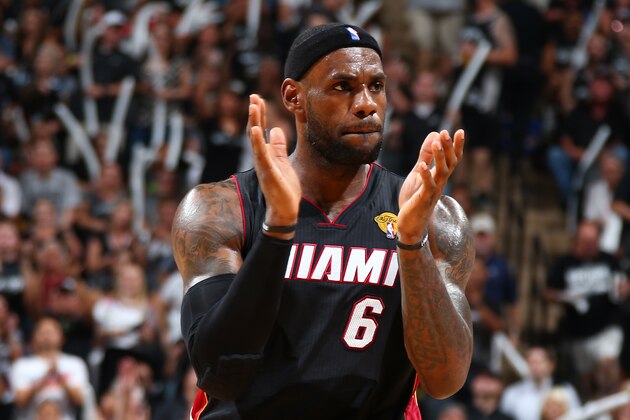 SAN ANTONIO, TX - JUNE 15: LeBron James #6 of the Miami Heat reacts during Game Five of the 2014 NBA Finals at AT&T Center on June 15, 2014 in San Antonio, Texas. NOTE TO USER: User expressly acknowledges and agrees that, by downloading and/or using this photograph, user is consenting to the terms and conditions of the Getty Images License Agreement.  Mandatory Copyright Notice: Copyright 2014 NBAE (Photo by Nathaniel S. Butler/NBAE via Getty Images)