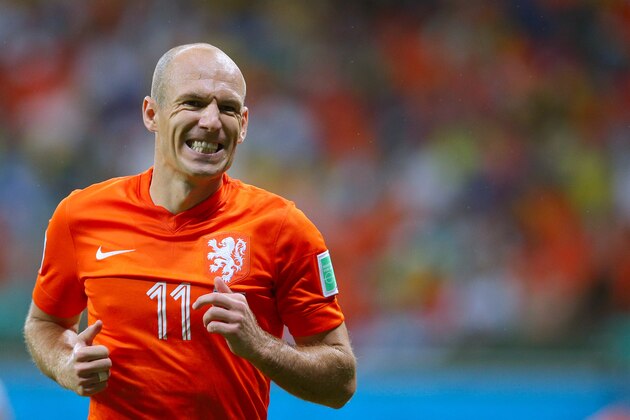 SALVADOR, BRAZIL - JULY 05:  Arjen Robben of the Netherlands looks on during the 2014 FIFA World Cup Brazil Quarter Final match between the Netherlands and Costa Rica at Arena Fonte Nova on July 5, 2014 in Salvador, Brazil.  (Photo by Dean Mouhtaropoulos/Getty Images)