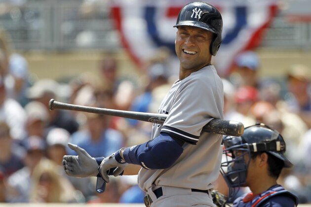 New York Yankees' Derek Jeter looks to third base coach Rob Thomson during the first inning of a baseball game against the Minnesota Twins in Minneapolis, Sunday, July 6, 2014. (AP Photo/Ann Heisenfelt) New York Yankees' Derek Jeter looks to third base coach Rob Thomson during the first inning of a baseball game against the Minnesota Twins in Minneapolis, Sunday, July 6, 2014. (AP Photo/Ann Heisenfelt)