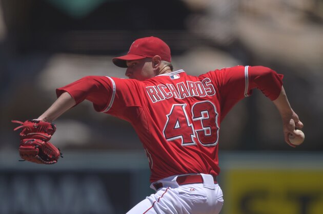 Los Angeles Angels starting pitcher Garrett Richards throws to the plate during the first inning of a baseball game against the Houston Astros, Sunday, July 6, 2014, in, Anaheim, Calif.  (AP Photo/Mark J. Terrill)