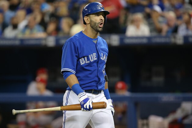 TORONTO, CANADA - JUNE 8: Jose Bautista #19 of the Toronto Blue Jays reacts after striking out to end the fifth inning during MLB game action against the St. Louis Cardinals on June 8, 2014 at Rogers Centre in Toronto, Ontario, Canada. (Photo by Tom Szczerbowski/Getty Images)