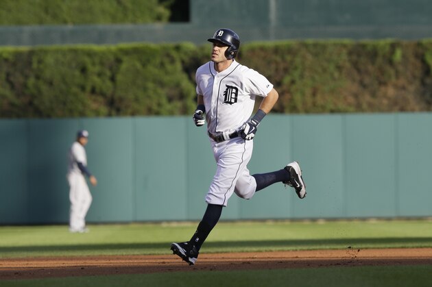 Detroit Tigers' Ian Kinsler rounds the bases after a home run during the first inning of a baseball game against the Tampa Bay Rays in Detroit, Thursday, July 3, 2014. (AP Photo/Carlos Osorio)