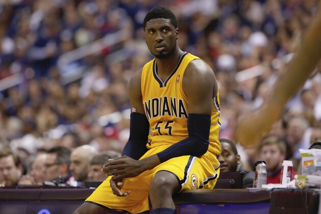 Indiana Pacers center Roy Hibbert (55) waits to the enter the game during the first half in Game 6 of an Eastern Conference semifinal NBA basketball playoff series against the Washington Wizards in Washington, Thursday, May 15, 2014. (AP Photo/Alex Brandon)