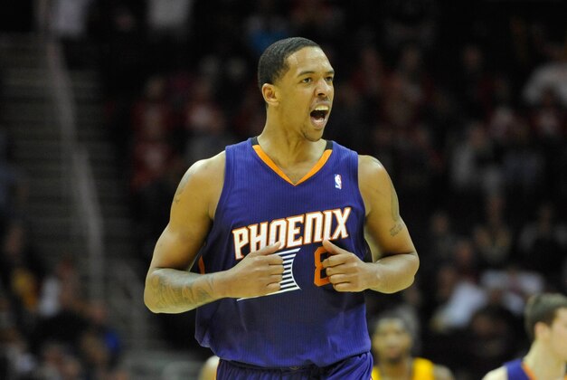 Jan 26, 2014; Cleveland, OH, USA; Phoenix Suns power forward Channing Frye (8) celebrates in the fourth quarter against the Cleveland Cavaliers at Quicken Loans Arena. Mandatory Credit: David Richard-USA TODAY Sports