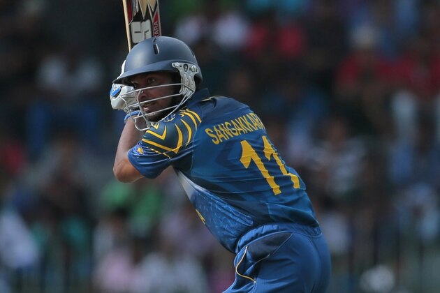 Sri Lankan batsman Kumar Sangakkara plays a shot during the first one day international cricket match between Sri Lanka and South Africa in Colombo, Sri Lanka, Sunday, July 6, 2014. (AP Photo/Eranga Jayawardena)