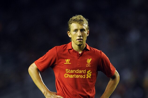 LIVERPOOL, ENGLAND - AUGUST 09:  Lucas Leiva of Liverpool looks on during the UEFA Europa League Third Round Qualifier between Liverpool and Gomel at Anfield on August 9, 2012 in Liverpool, England.  (Photo by Chris Brunskill/Getty Images)