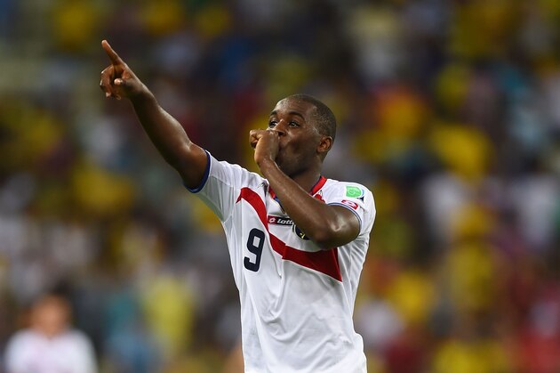 FORTALEZA, BRAZIL - JUNE 14:  Joel Campbell of Costa Rica celebrates after defeating Uruguay 3-1 during the 2014 FIFA World Cup Brazil Group D match between Uruguay and Costa Rica at Castelao on June 14, 2014 in Fortaleza, Brazil.  (Photo by Laurence Griffiths/Getty Images)